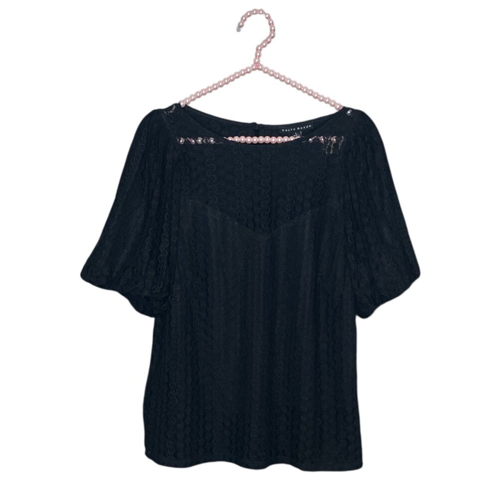 New Haute Monde Large L Buckle BKE Black Stretch Lace‎ Illusion Neckline Blouse
